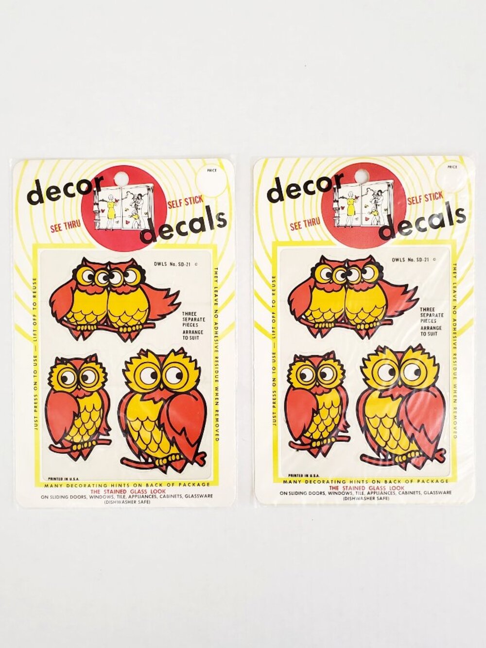 2 Vintage 70s OWLS Decor Decals See Thru Stained Glass Window Look Art Stickers